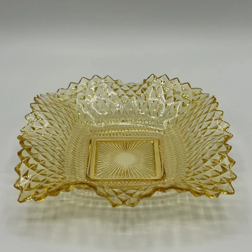 Vintage Mid Century Yellow Diamond Point Square Pressed Glass Candy Trinket Dish